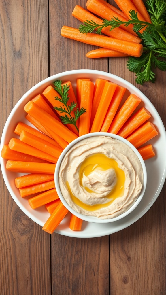 An assortment of crunchy carrot sticks served with a smooth bowl of hummus, displayed on a rustic wooden surface.